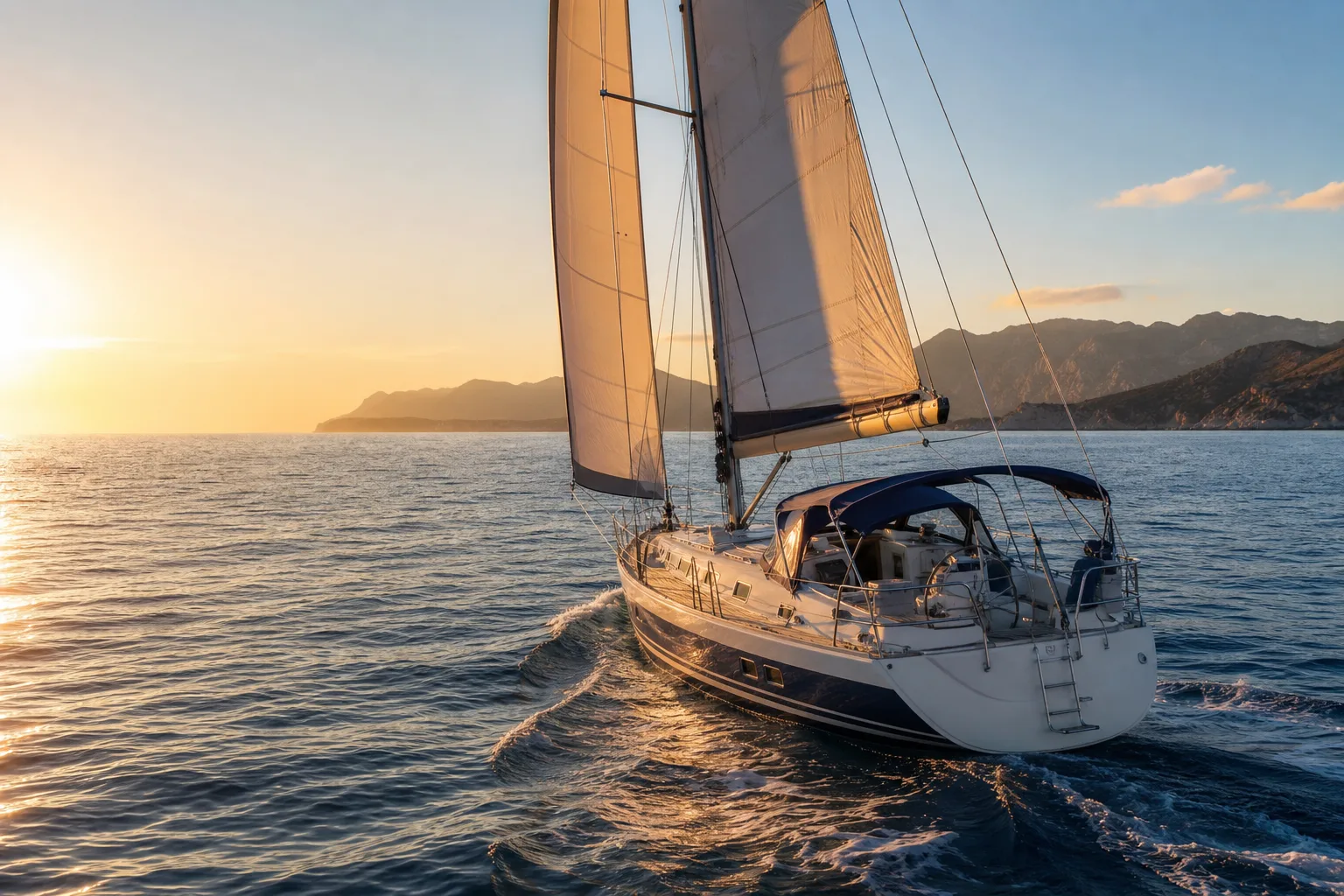 A bluewater cruising sailboat moves along a mountain coast at golden hour.