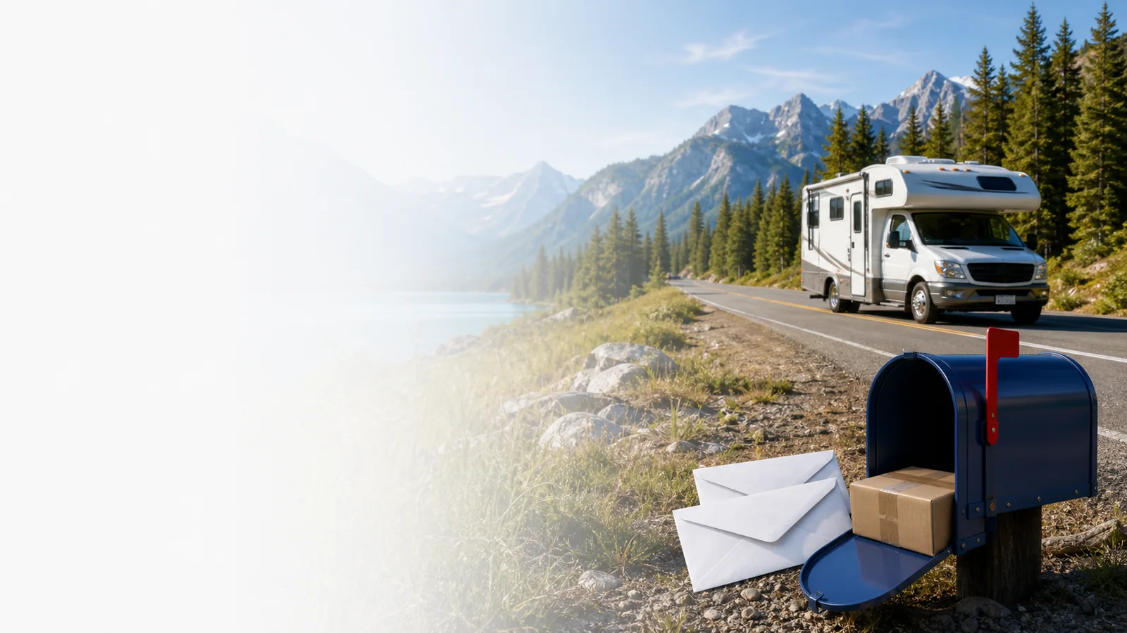 An unbranded motorhome passes a lakeside mailbox with sealed envelopes and a parcel.