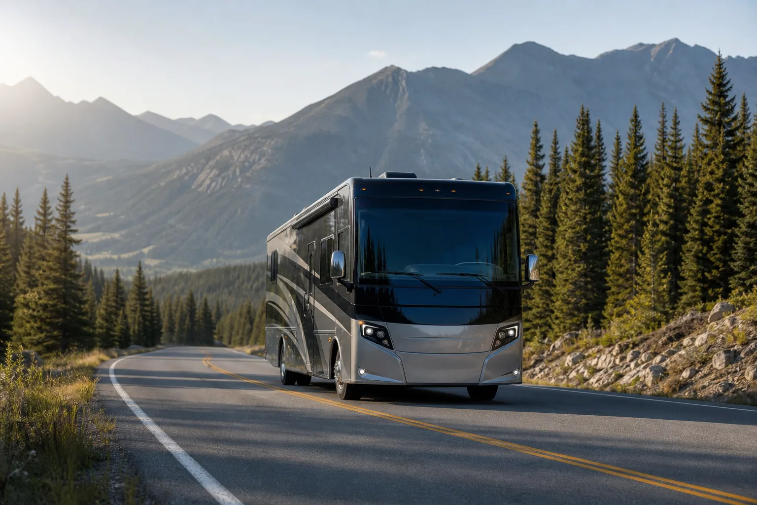 An unbranded Class A motorhome follows an alpine highway in early morning light.