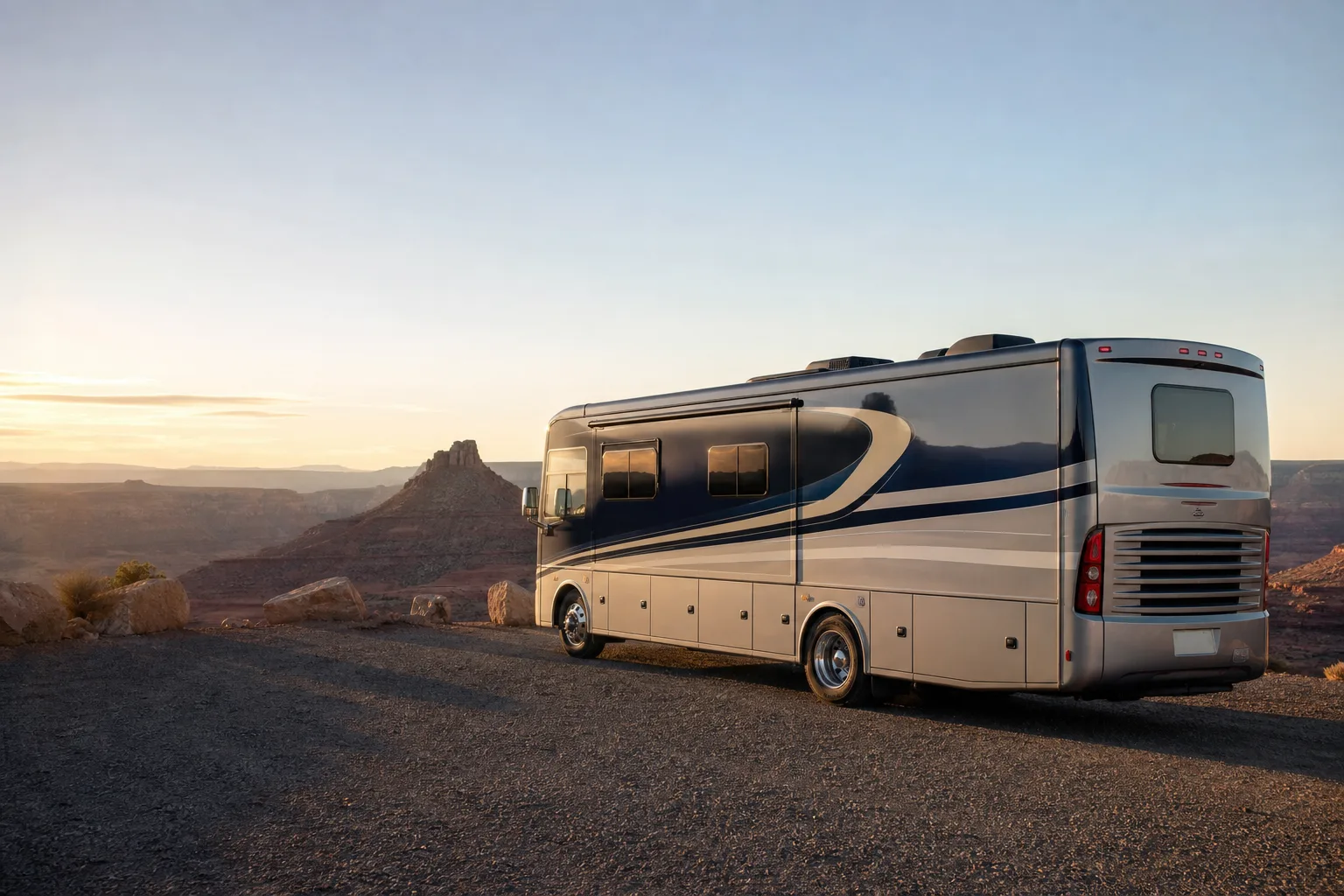 An unbranded Class A motorhome rests at a desert mountain overlook after sunrise.