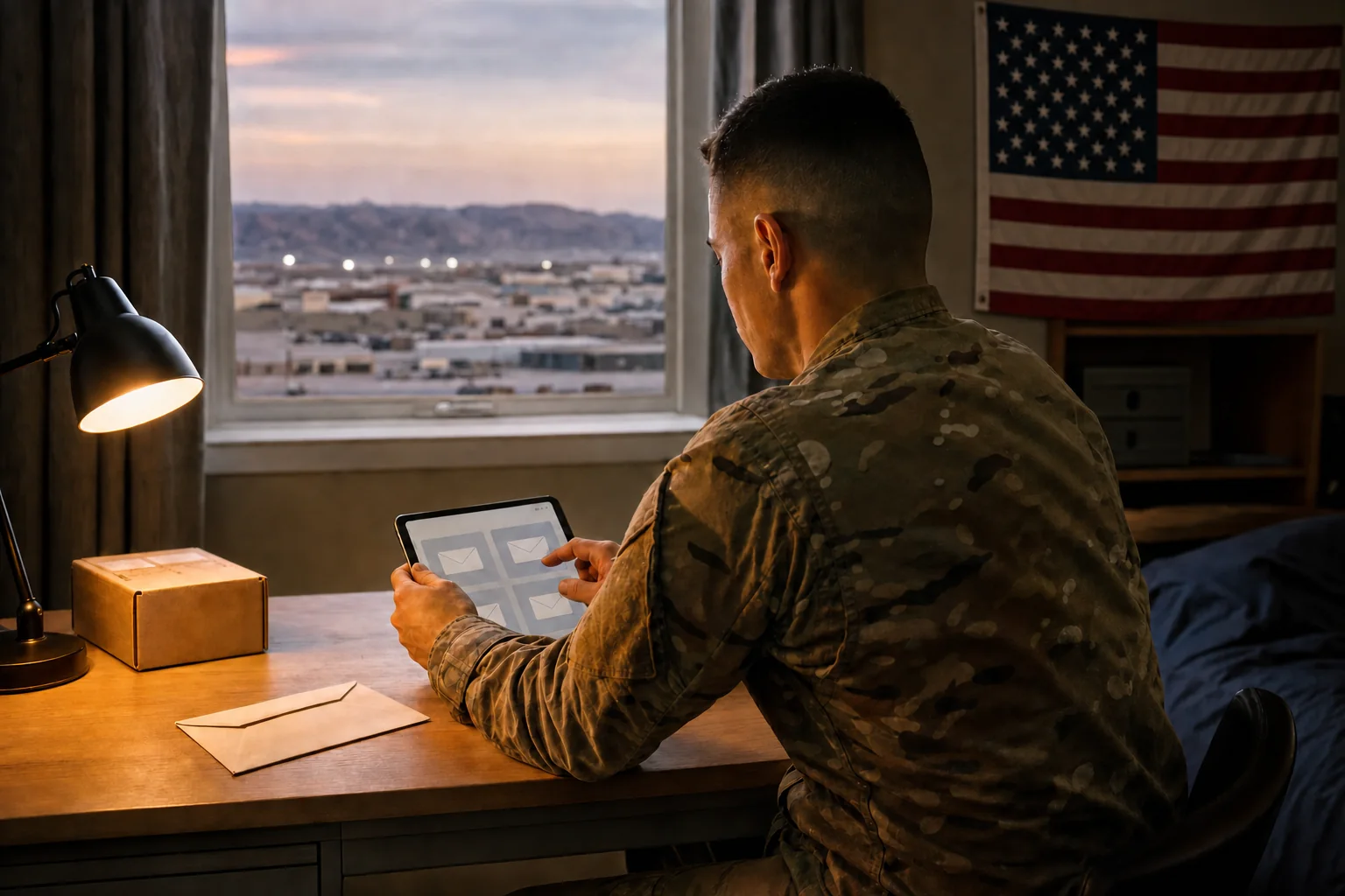 A fictional service member viewed from behind checks a digital mailbox on a tablet beneath an American flag in generic overseas housing at dusk.