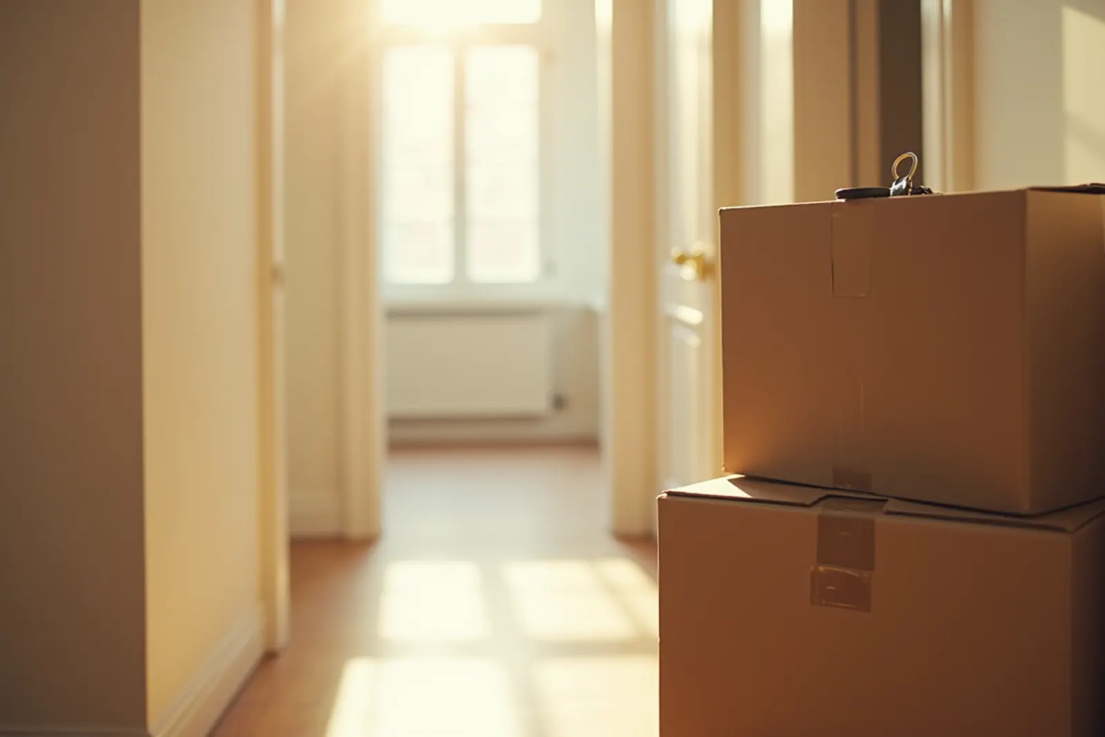 Packed moving boxes sit beside a bright open doorway in a sunlit room.