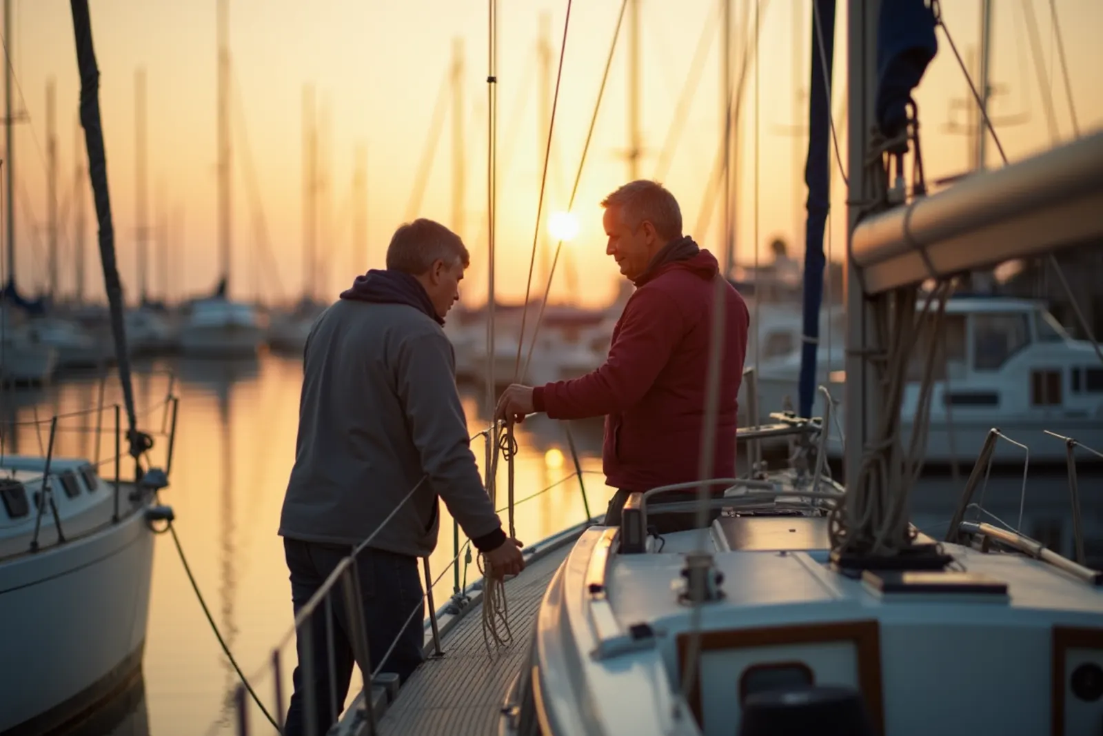 Two sailors handle lines on a sailboat deck in a calm marina at sunrise, masts soft in the background.