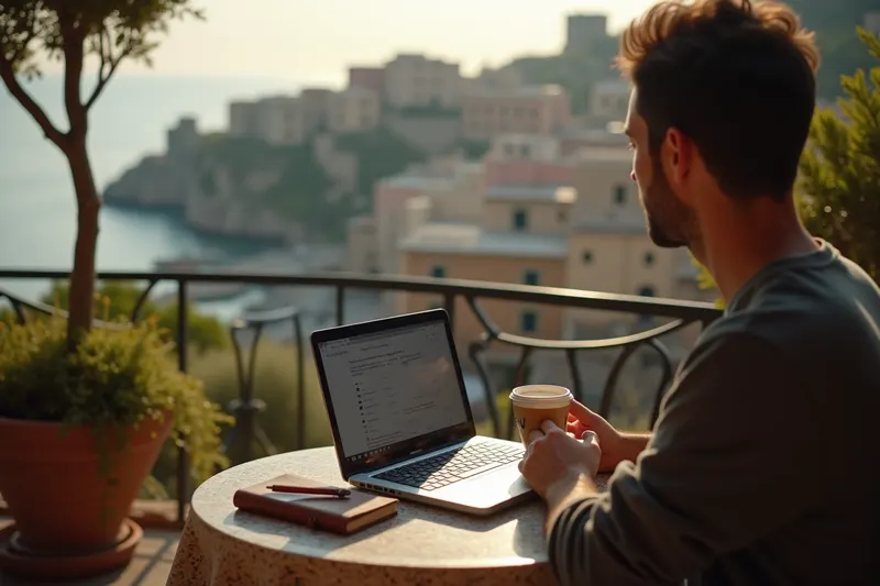 A remote worker at a small terrace table overlooking a Mediterranean coastal town, laptop open in morning light.