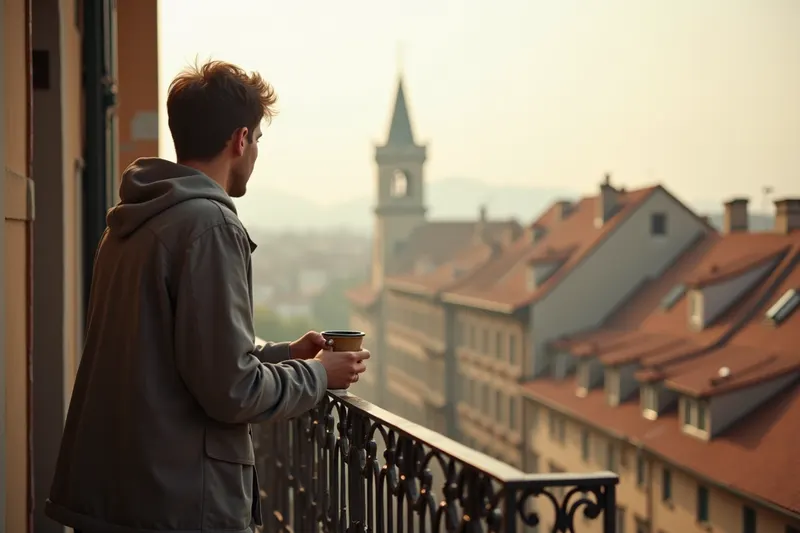 A person with coffee leans on an old-world balcony railing above terracotta rooftops in morning haze.