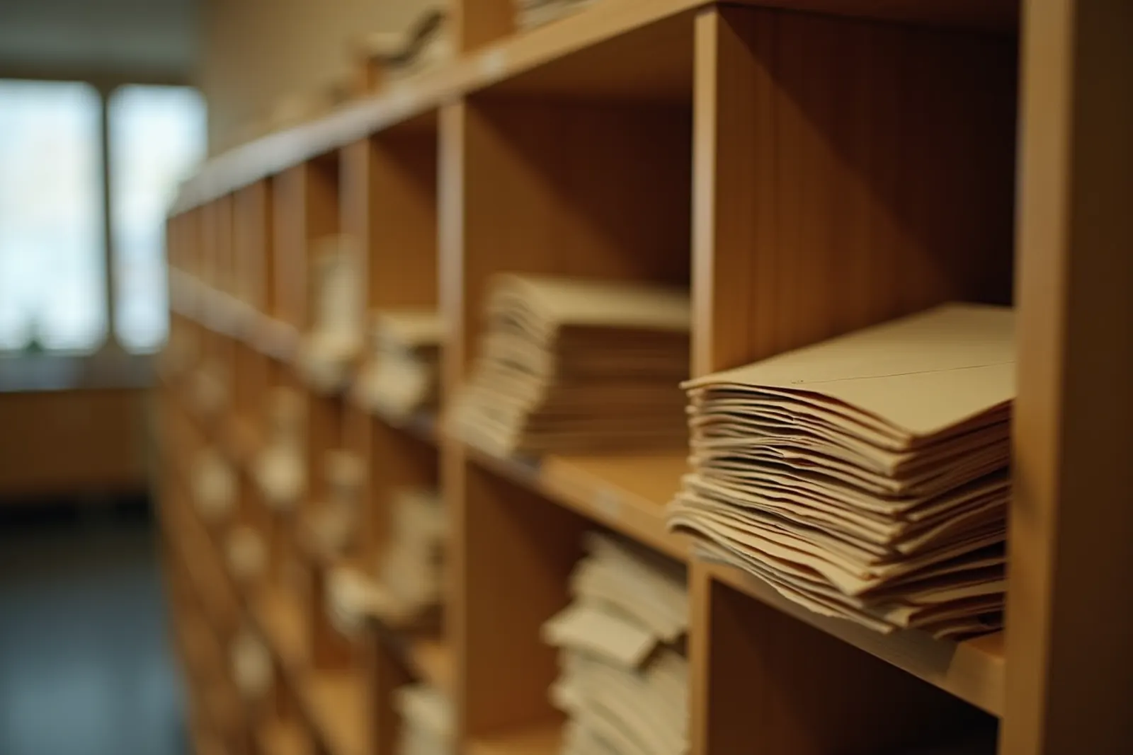 Sorted envelopes rest in warm wooden mailroom shelves.