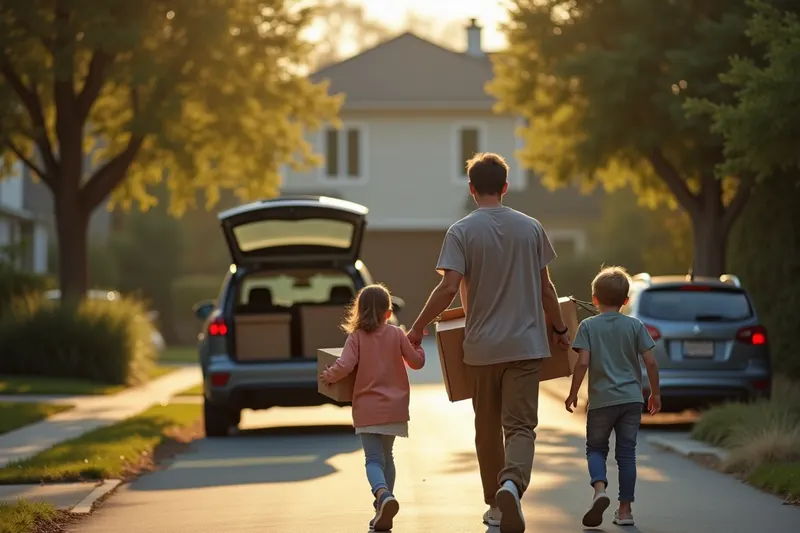 A family carries moving boxes from their car toward a tidy suburban house on a sunny street.