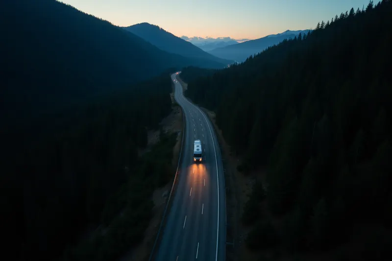 Aerial view of a winding two-lane mountain highway at dusk with a single RV driving, headlights on.