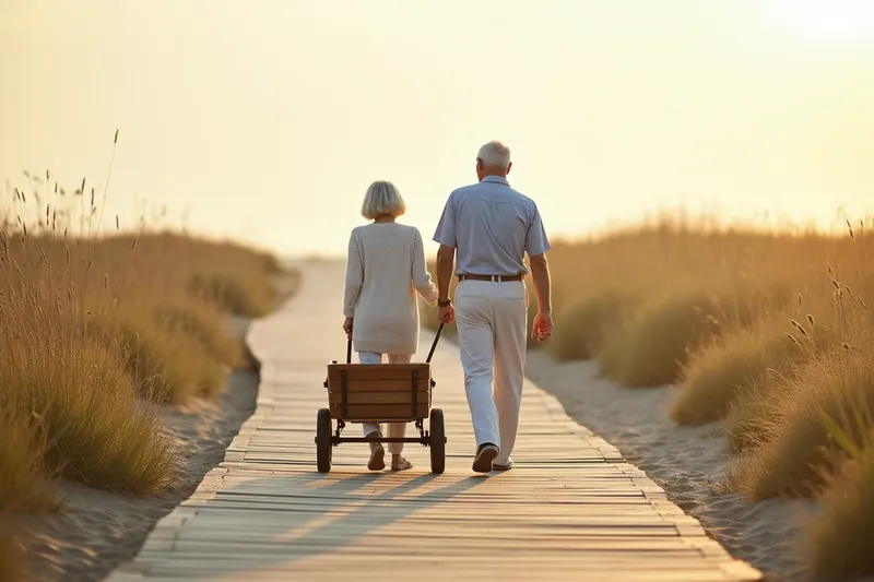 A silver-haired couple walks away down a beach boardwalk pulling a small wagon through golden sea grass.