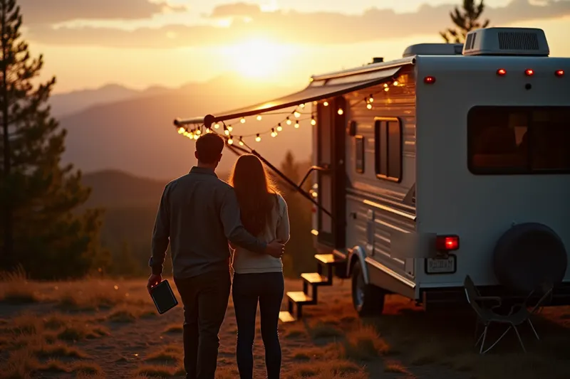 A couple stands beside their RV at a mountain overlook at sunset, string lights glowing under the awning.
