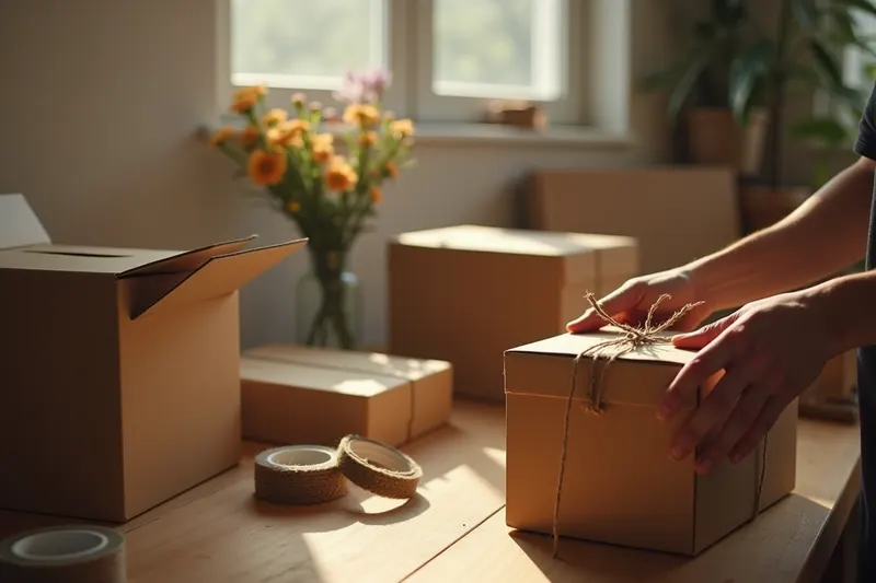 Hands pack kraft shipping boxes on a sunlit wooden workbench beside twine and flowers.