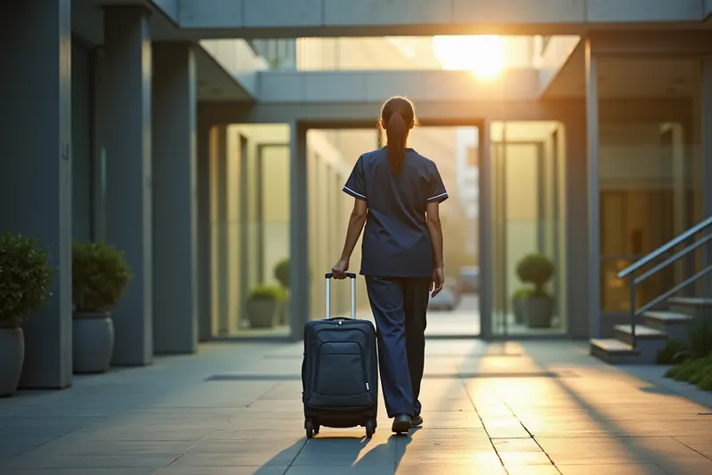 A nurse in scrubs pulls a rolling suitcase toward a modern hospital entrance in low golden sun.