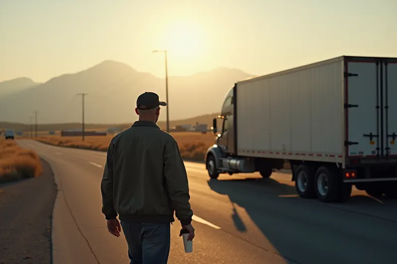 A long-haul driver walks toward a parked silver semi truck at a misty rest stop at dawn, coffee in hand.