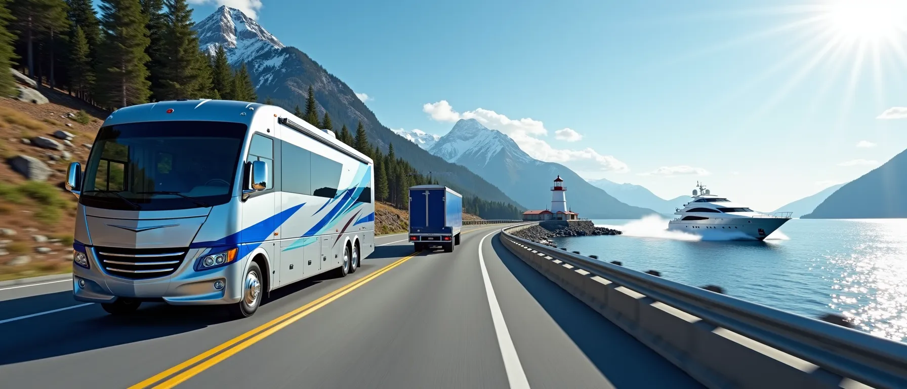 A sunny coastal highway: a silver motorhome and a blue semi travel the road past a lighthouse and a yacht on a vivid blue bay.