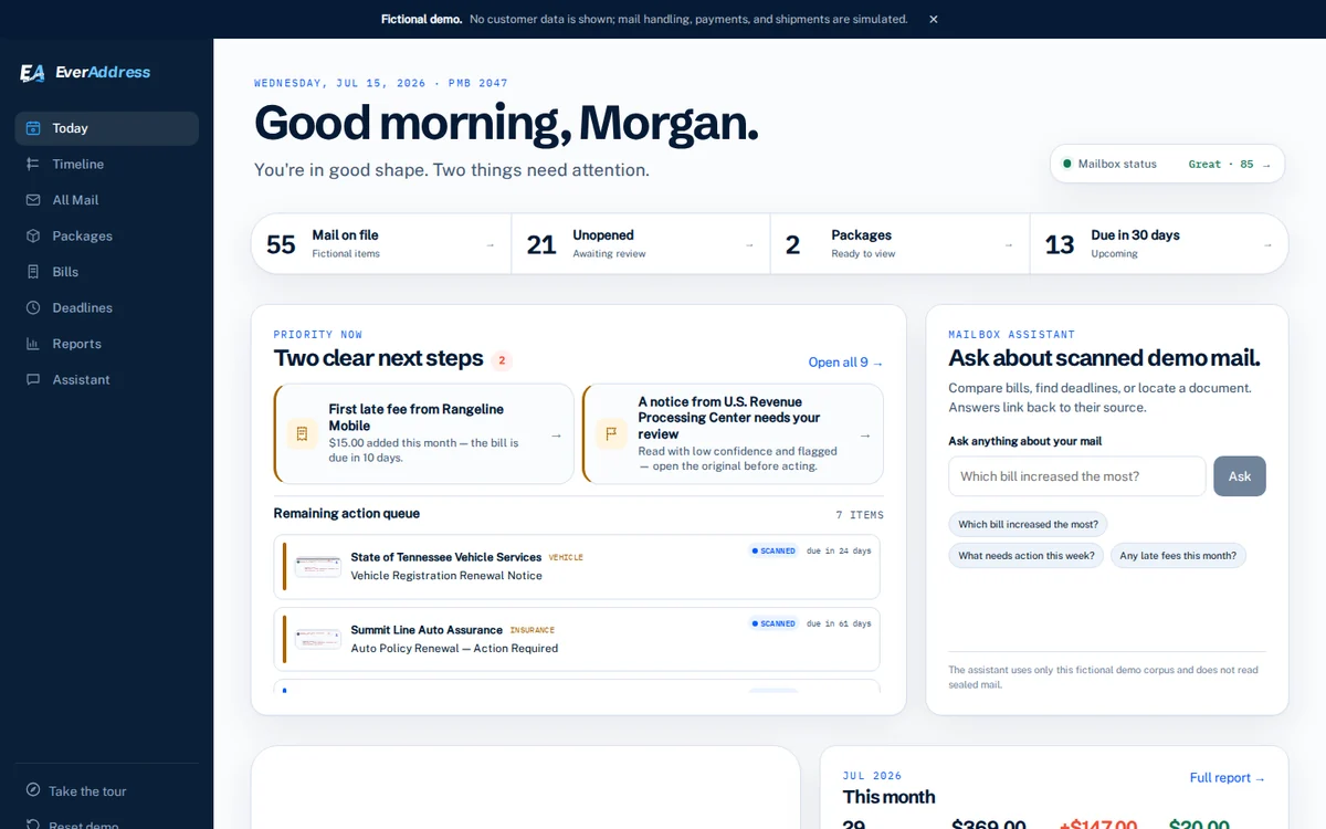 The EverAddress fictional demo dashboard showing checked-in mail, priorities, and upcoming deadlines.