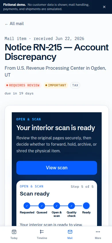 The EverAddress fictional mobile demo showing a completed five-step mail scan.