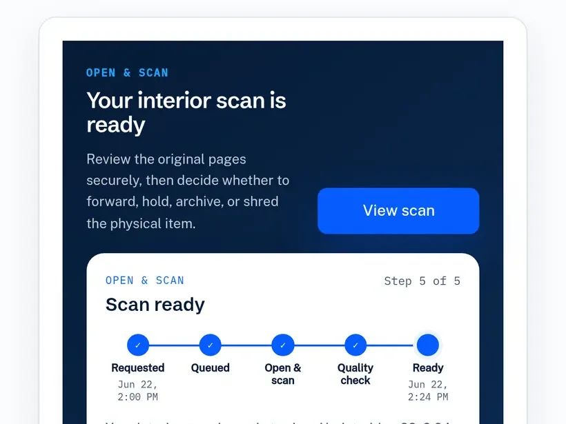 The EverAddress fictional demo showing a completed five-stage open-and-scan request.