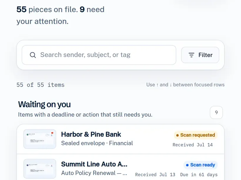 The EverAddress fictional demo inbox showing mail search, status, and two checked-in items.