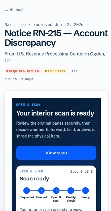 The EverAddress fictional mobile demo showing a completed five-step open-and-scan request.