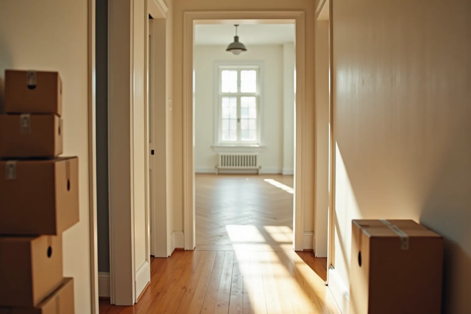 Stacked moving boxes in an empty sunlit apartment hallway.