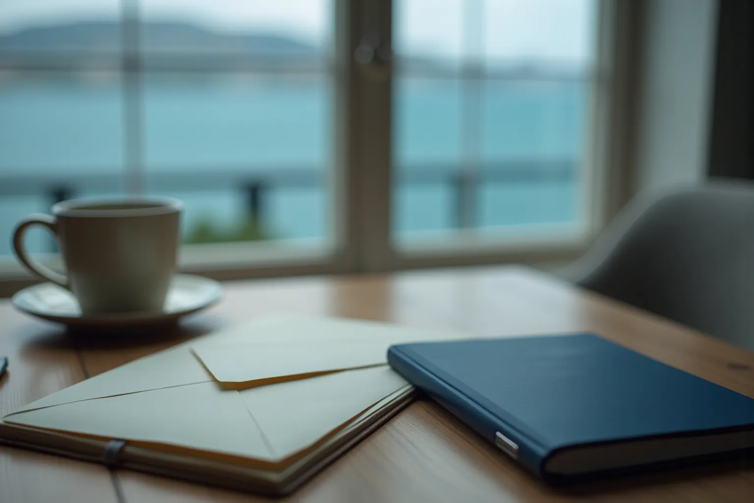 A sealed envelope, closed notebook, and ceramic cup on a desk overlooking the coast.