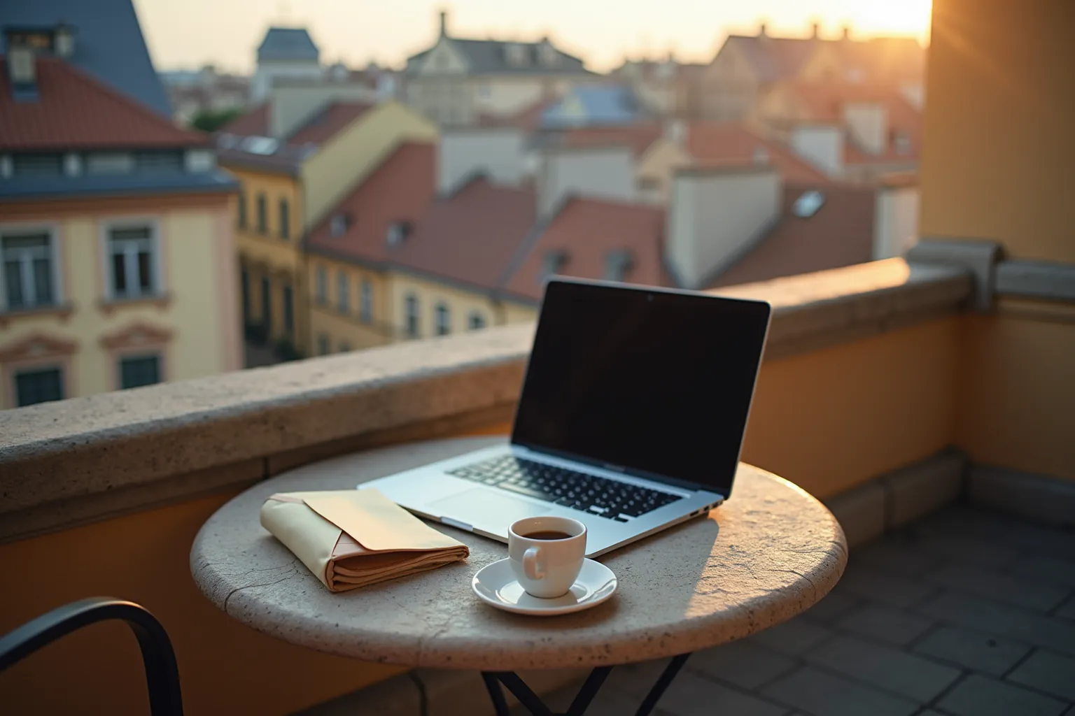 A sealed envelope, laptop, closed travel wallet, and coffee cup on a balcony overlooking a city.