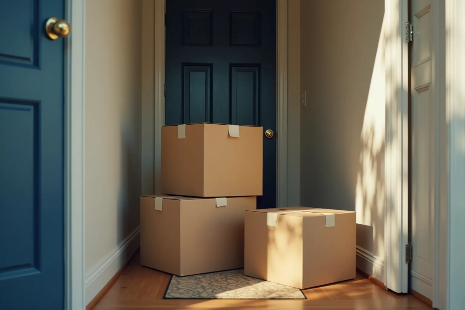Three blank moving boxes in an empty sunlit entryway.