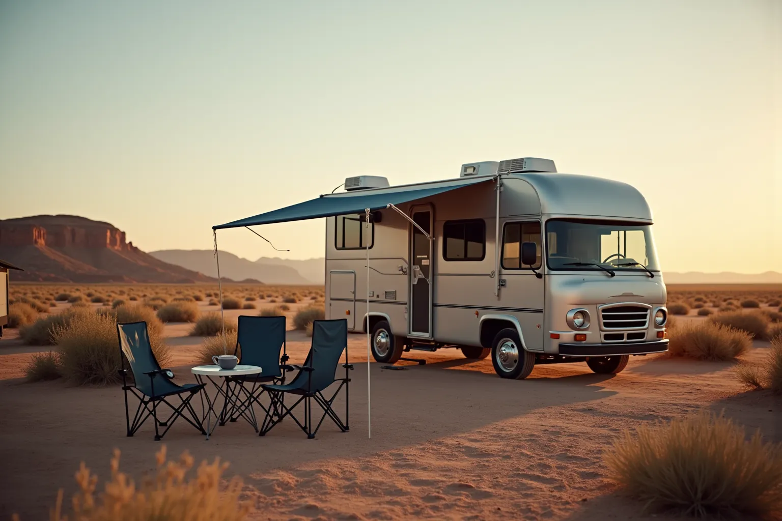 A motorhome beside three empty camp chairs and a small table at a desert campsite.