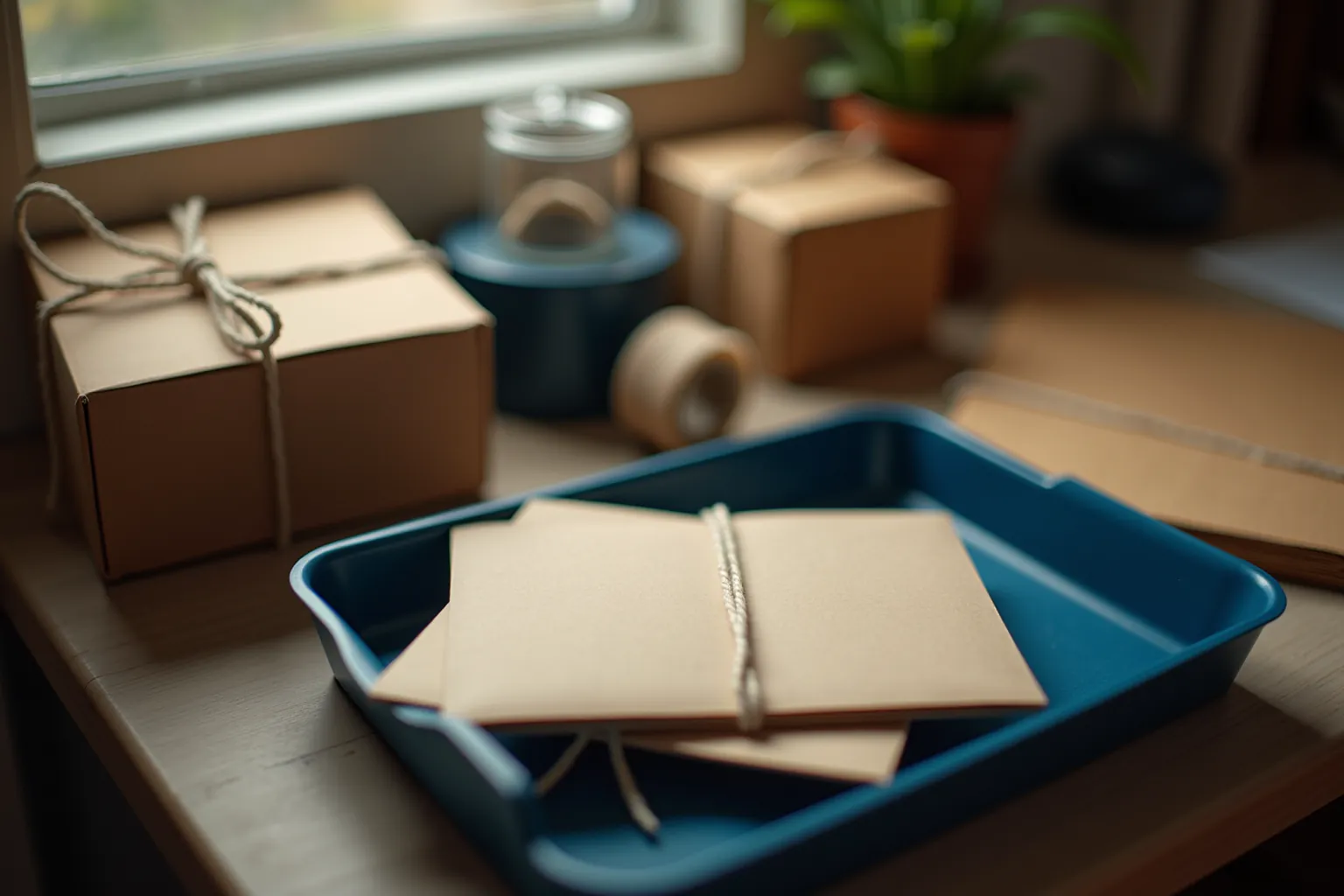 A packing bench with blank parcels and bundled mail in a blue tray.