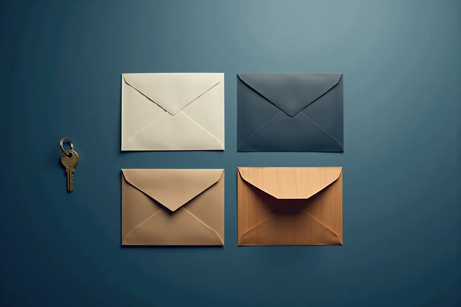 Four blank envelopes in cream, graphite, kraft, and wood tones arranged beside a brass key.