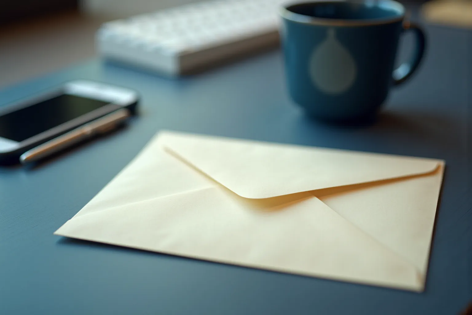 A blank envelope on a desk beside a phone and navy cup, with a keyboard softly out of focus.