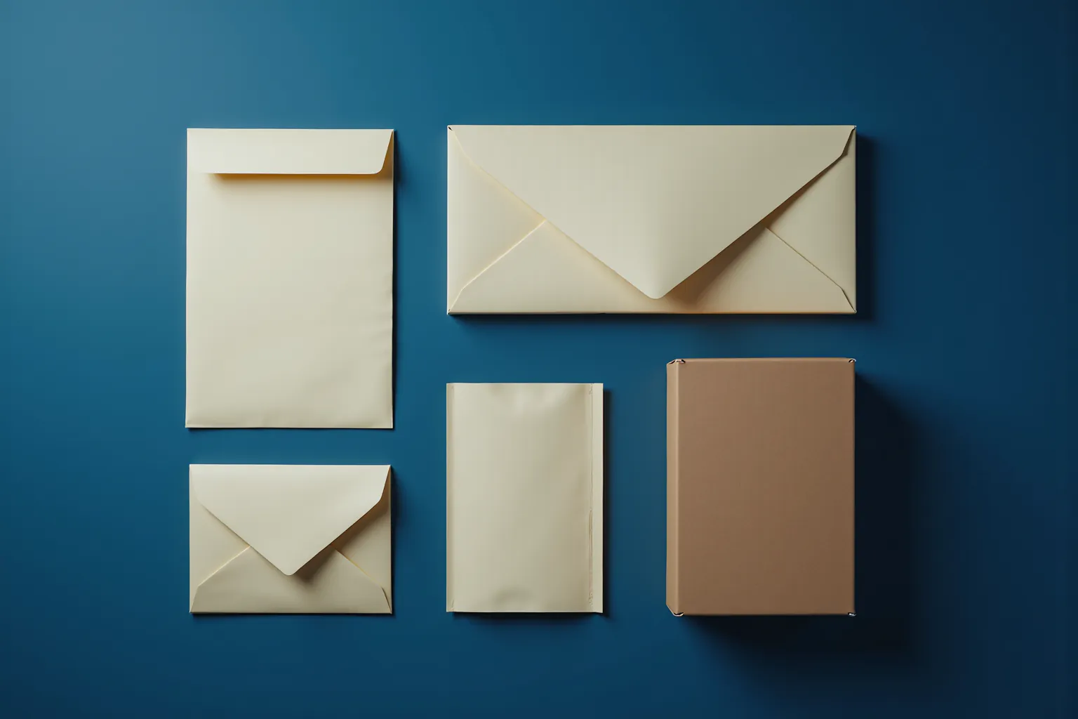 Five blank mail pieces of different sizes arranged on a deep-blue surface.