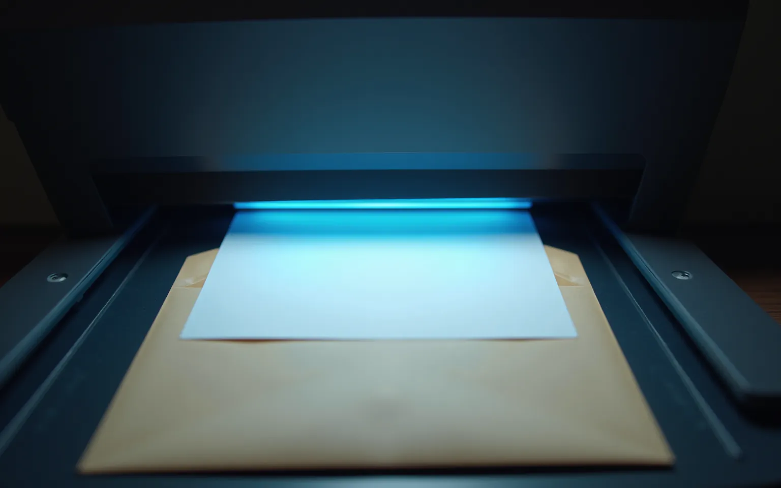 A blank page and envelope inside a generic document scanner under blue scanning light.