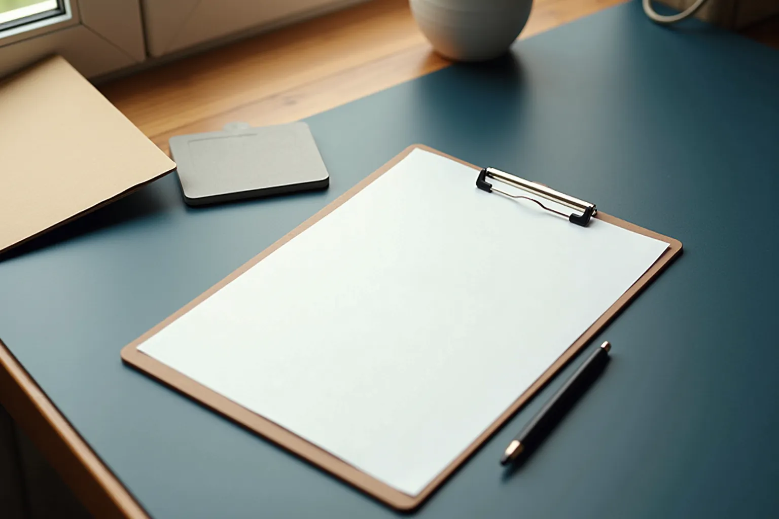 A blank clipboard and capped pen beside unmarked document sleeves on a blue desk.