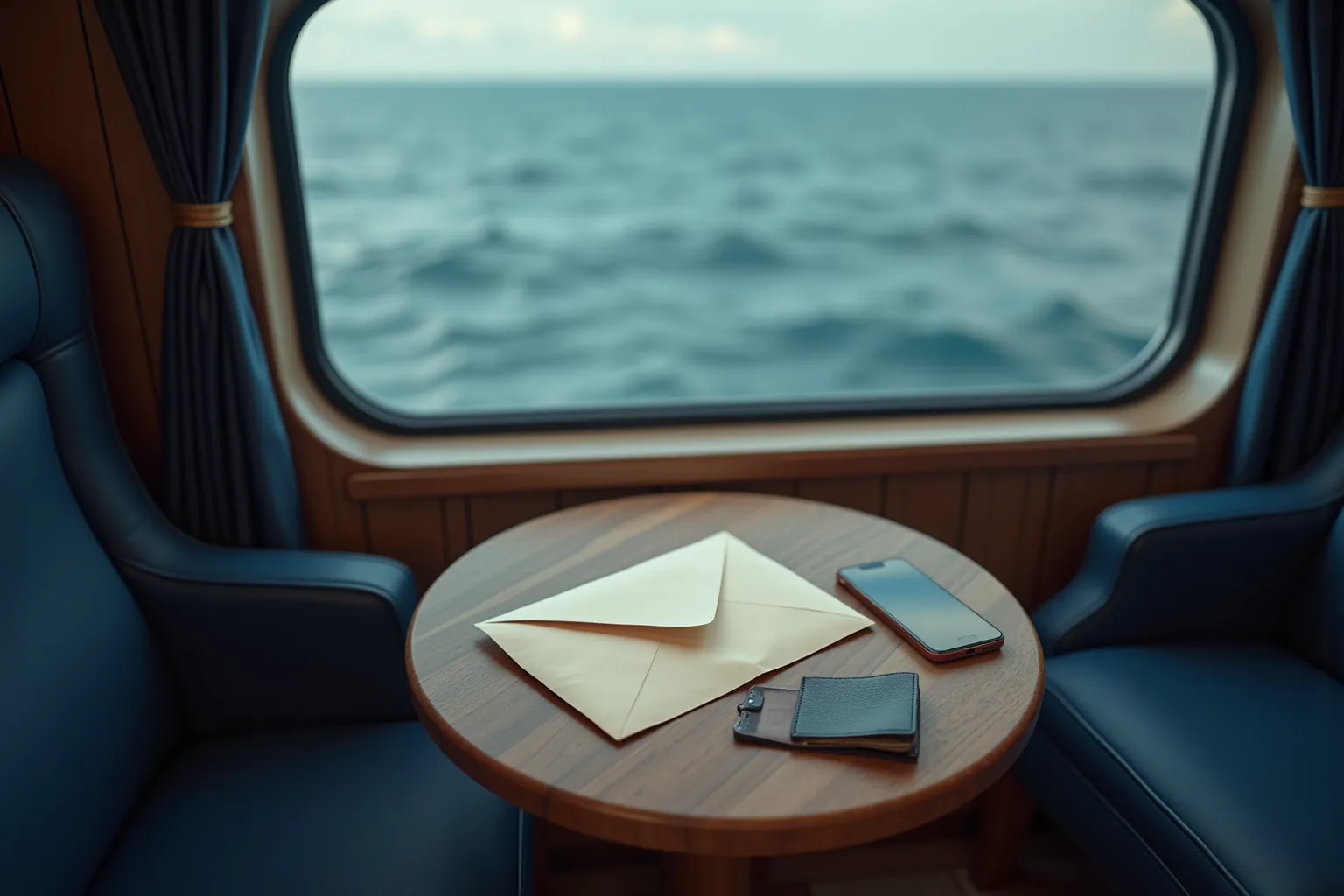 A blank envelope, phone, and travel wallet on a cabin table overlooking the ocean.